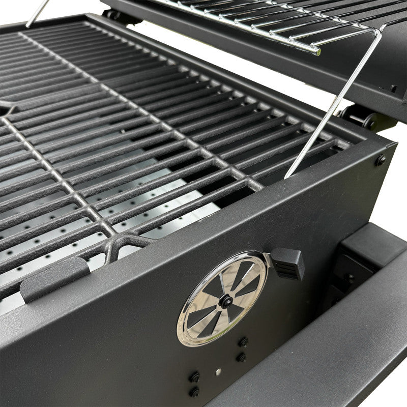 Holzkohlengrill 113,5 × 50 × 107 cm mit gusseisernem Rost und Holz-Ablage