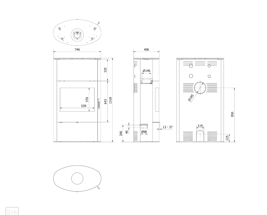 Kaminofen aus Stahl AB/S/2/Rollo Hoch Ø 150 10 kW