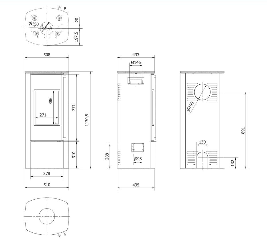 Freistehender Stahlofen Enyo R 5,5 kW Ø 100/150