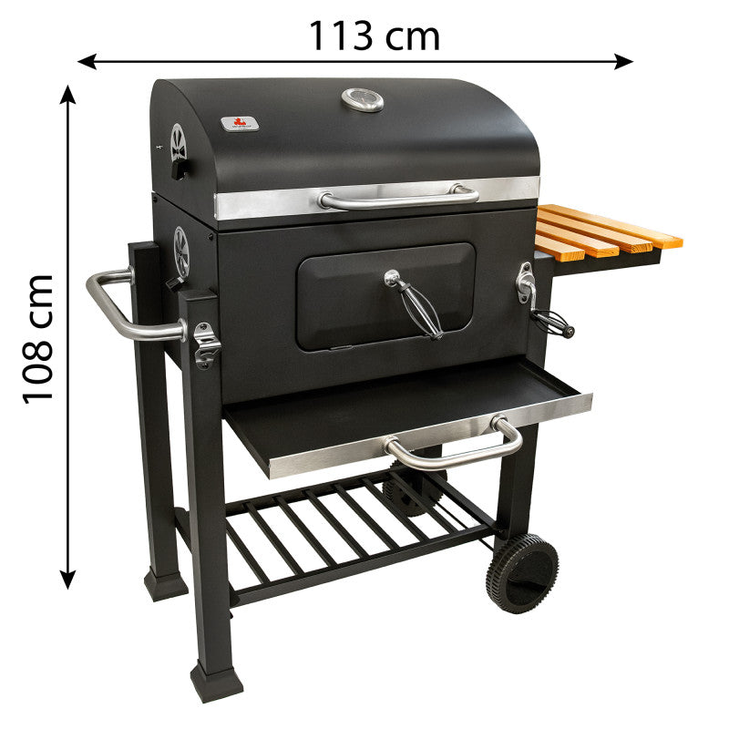 Holzkohlengrill 113,5 × 50 × 107 cm mit gusseisernem Rost und Holz-Ablage
