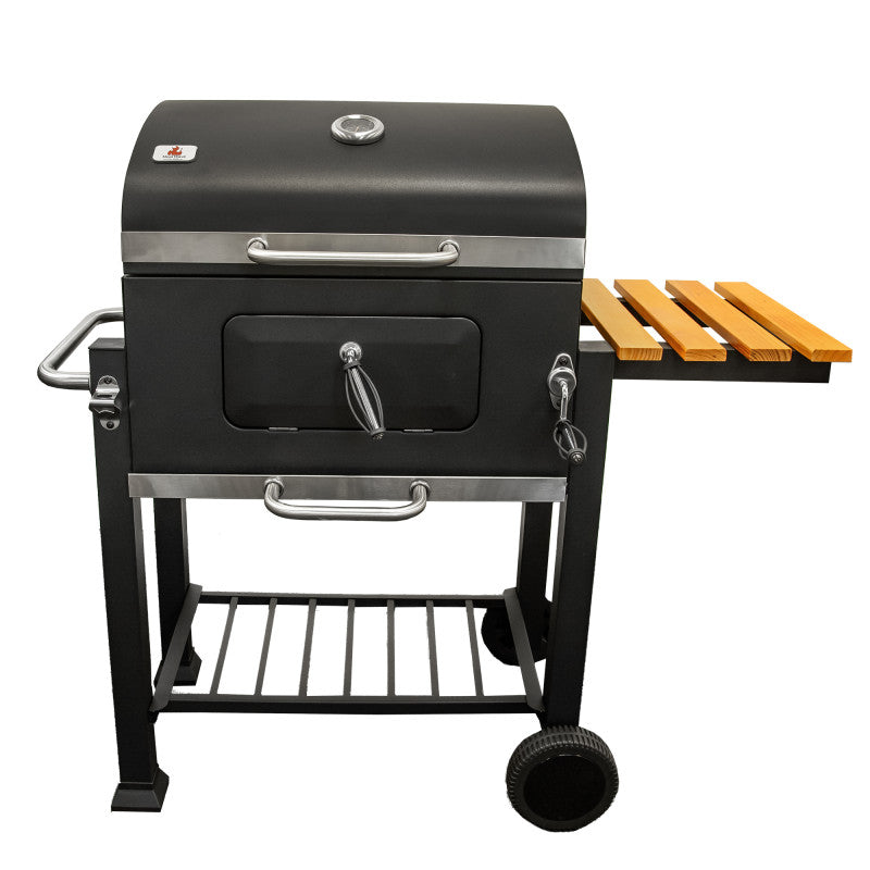 Holzkohlengrill 113,5 × 50 × 107 cm mit gusseisernem Rost und Holz-Ablage