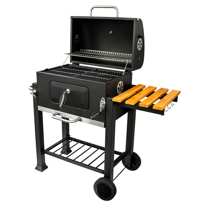 Holzkohlengrill 113,5 × 50 × 107 cm mit gusseisernem Rost und Holz-Ablage