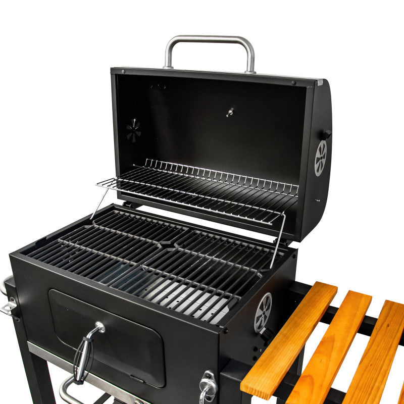 Holzkohlengrill 113,5 × 50 × 107 cm mit gusseisernem Rost und Holz-Ablage