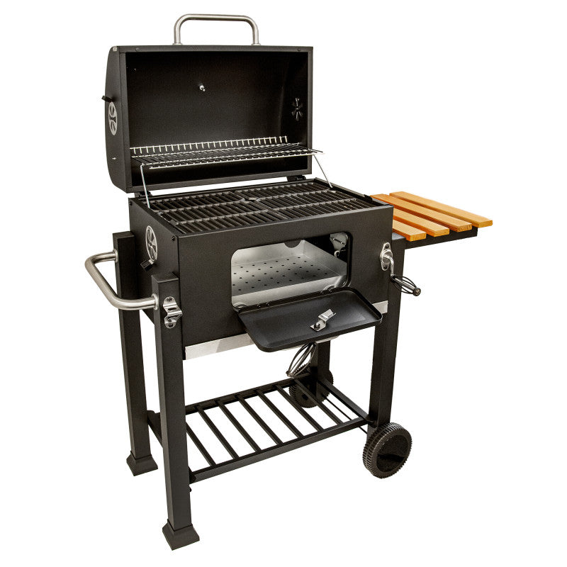 Holzkohlengrill 113,5 × 50 × 107 cm mit gusseisernem Rost und Holz-Ablage