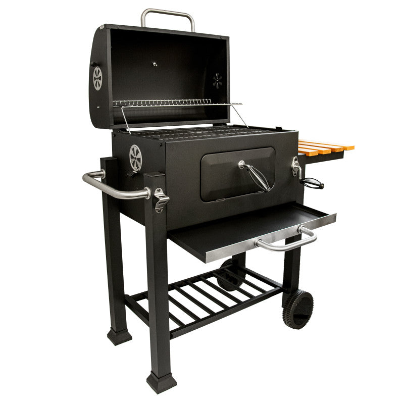 Holzkohlengrill 113,5 × 50 × 107 cm mit gusseisernem Rost und Holz-Ablage