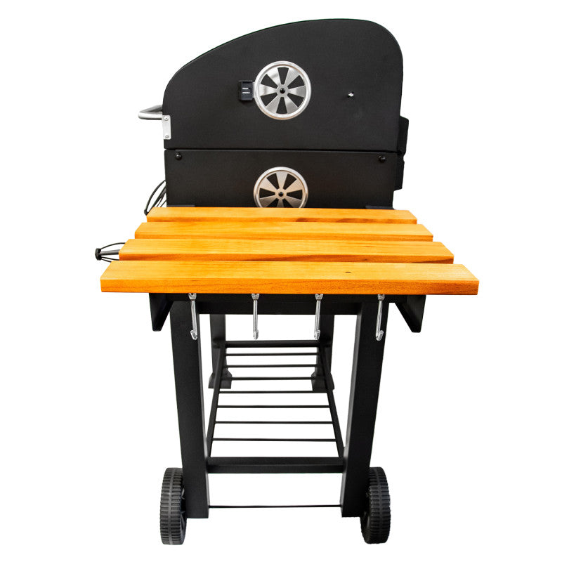 Holzkohlengrill 113,5 × 50 × 107 cm mit gusseisernem Rost und Holz-Ablage