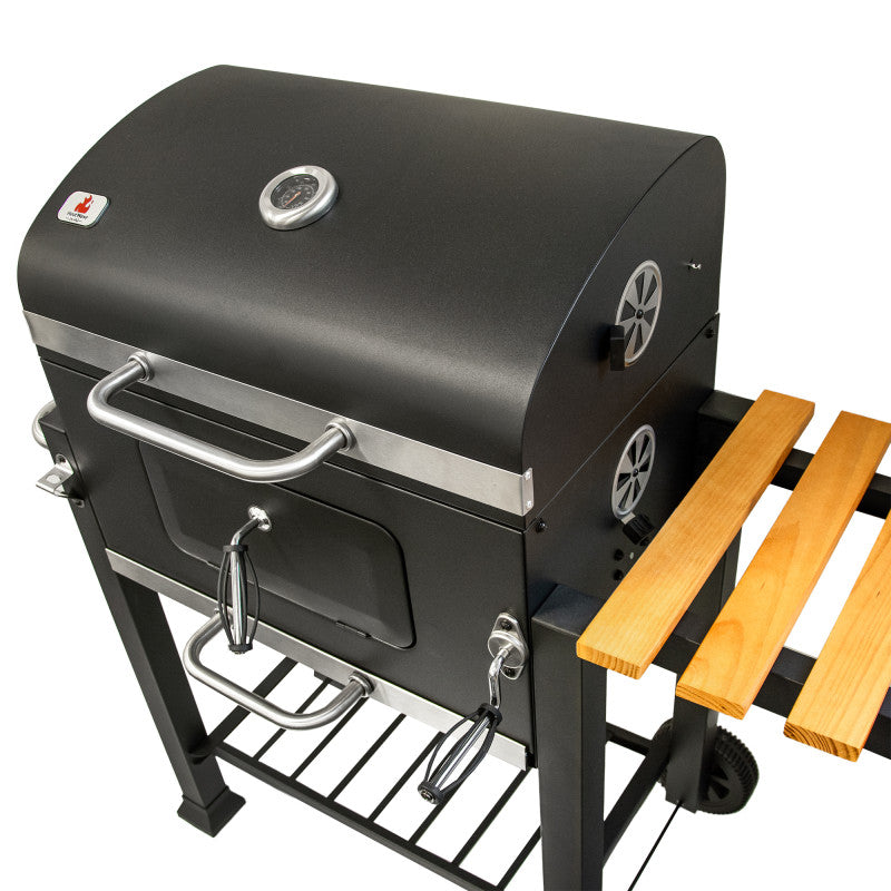 Holzkohlengrill 113,5 × 50 × 107 cm mit gusseisernem Rost und Holz-Ablage