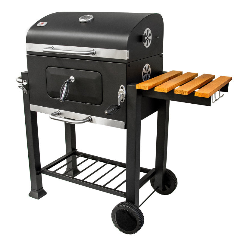 Holzkohlengrill 113,5 × 50 × 107 cm mit gusseisernem Rost und Holz-Ablage