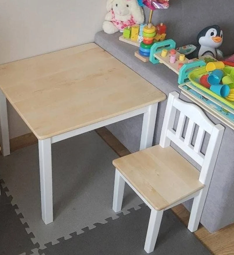 #Weiß mit Naturholz Handgefertigte Holztisch und Stühle für Kind