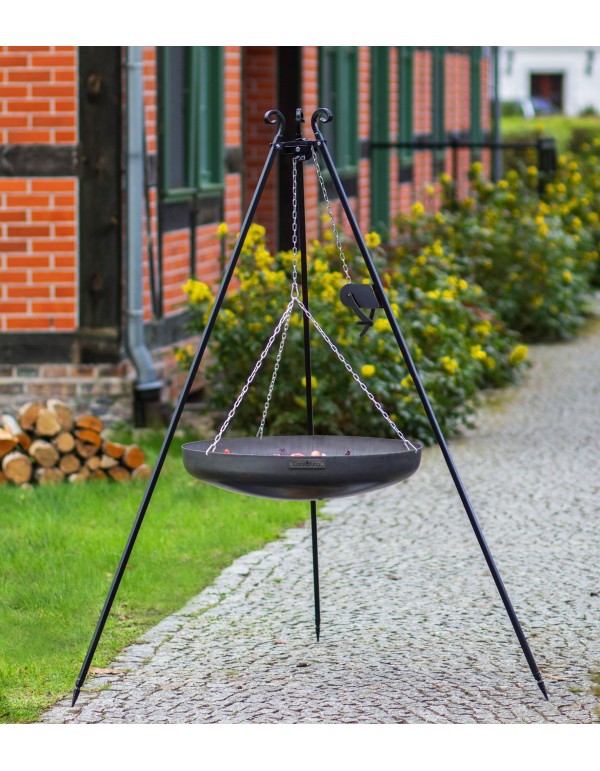Wok am Dreibein, 180 cm Höhe, Rohstahl, 60 cm Durchmesser + Kurbel